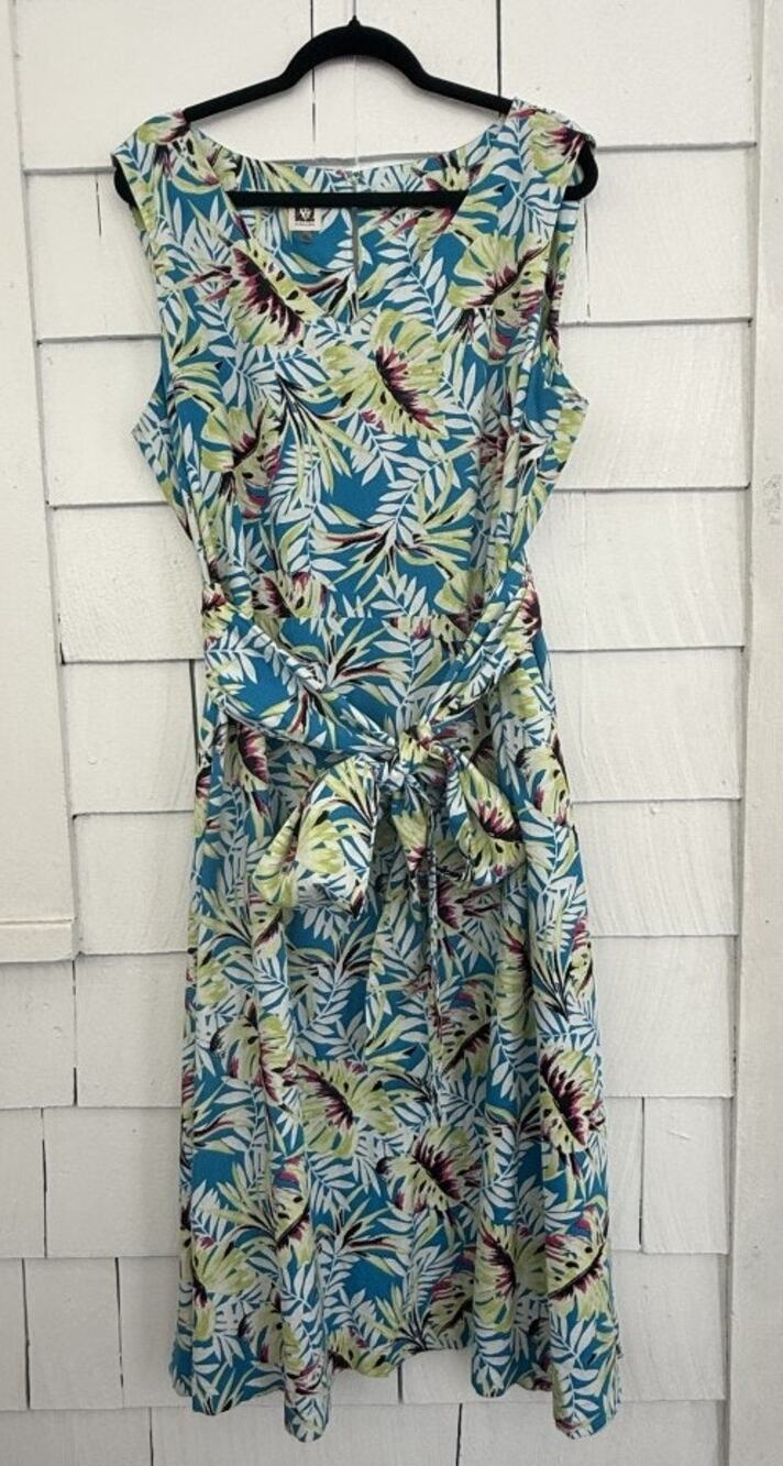 Anne Klein Womens 2X Tropical Sprout Linen Blend Dress Resort Wear Vacation Chic